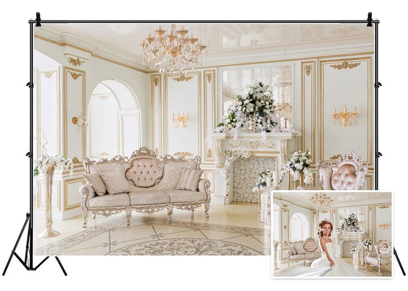 AOFOTO 7x5ft Luxury Indoor Furnishing Backdrop Chandelier Chair Mantel Flower Photography Background Adult Portrait Aristocratic Interior Decoration Photo Shoot Studio Props Video Drop Wallpaper Drape - Image 1